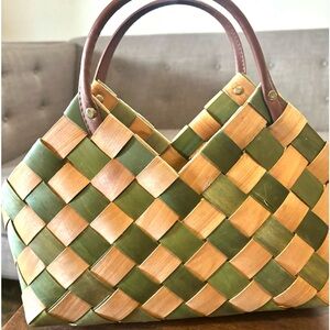 Woven Wood Green and Tan Checkered Handbag Basket with Leather Handles